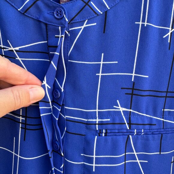 NYDJ Womens Blue Geometric Print Long Sleeve Pleated Back Preppy Tunic Blouse M - Picture 7 of 9